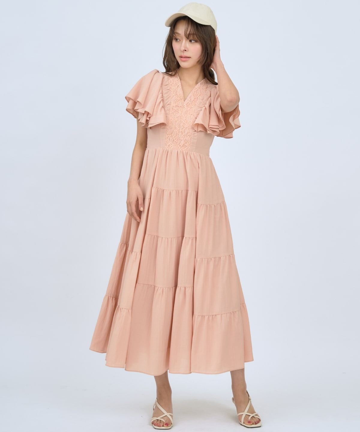 【先行予約受付中】Vネック襟レースティアードワンピース