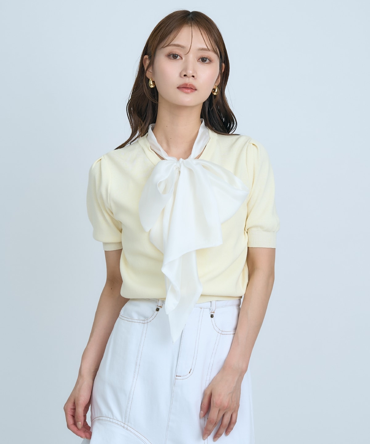 【先行予約受付中】異素材リボン半袖ニットカーディガン