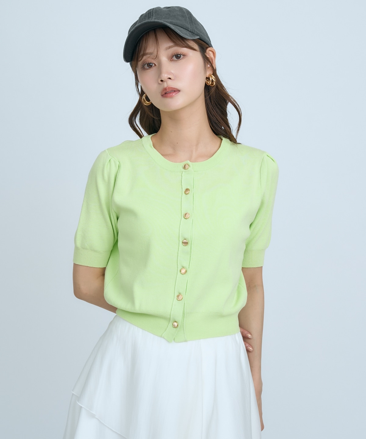 【先行予約受付中】異素材リボン半袖ニットカーディガン