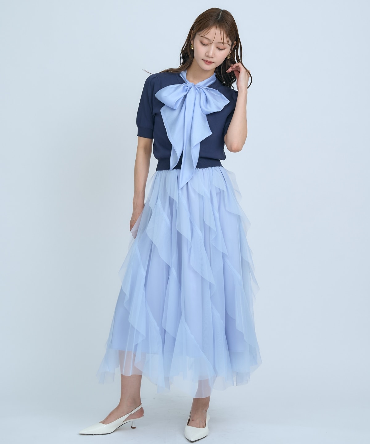 【先行予約受付中】異素材リボン半袖ニットカーディガン