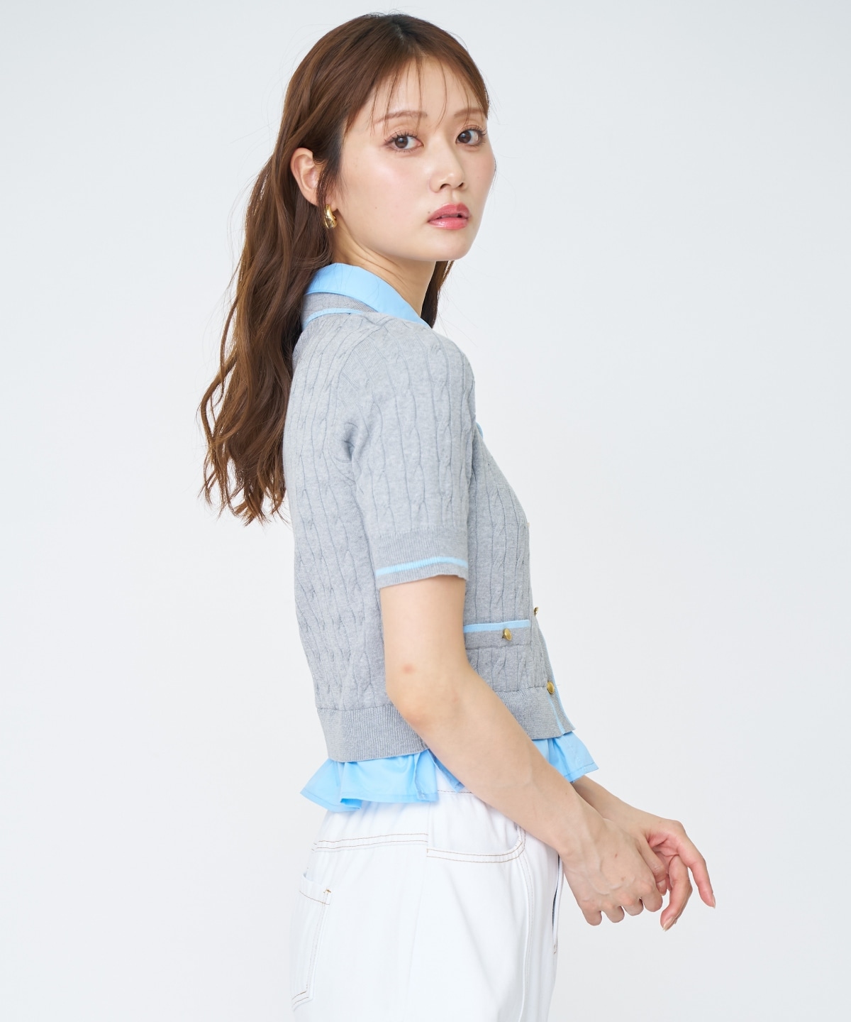 【先行予約受付中】配色シャツ襟ペプラムニットプルオーバー