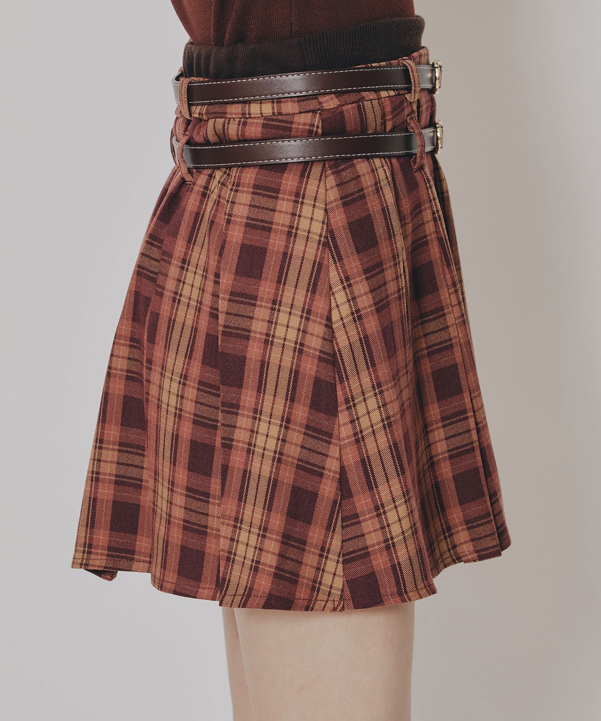 ダブルベルトチェックプリーツミニスカート