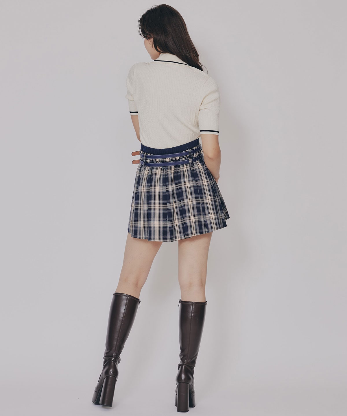 ダブルベルトチェックプリーツミニスカート