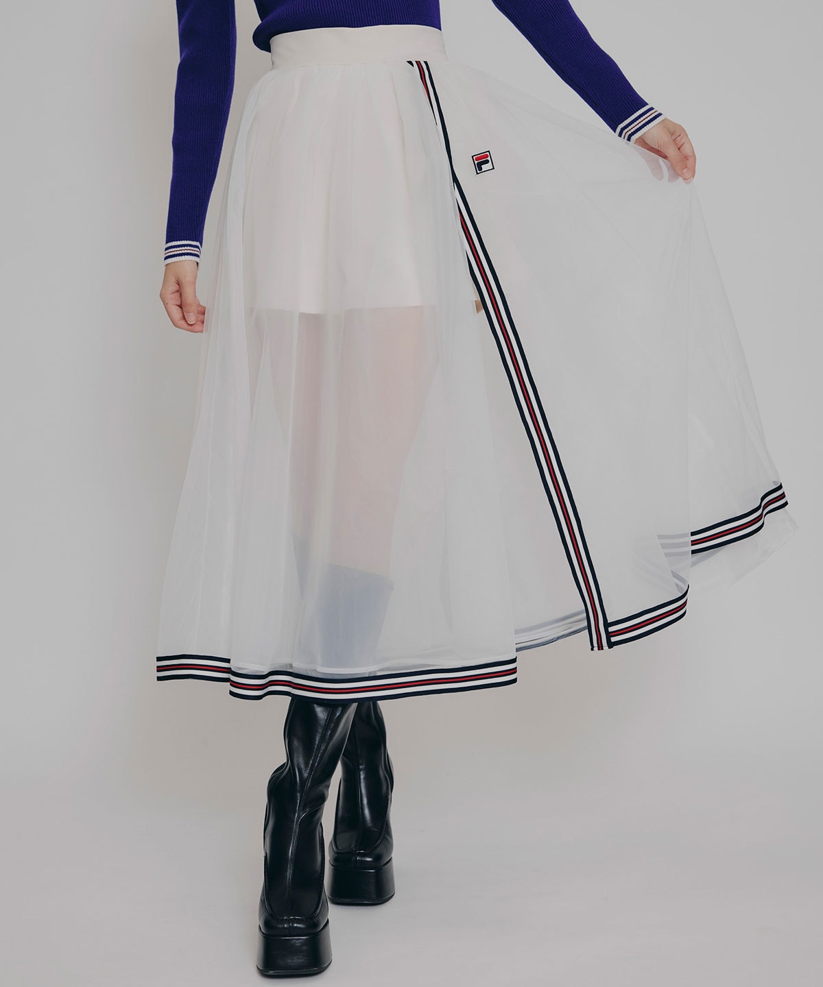 ［FILA×REDYAZEL］チュールレイヤードショートパンツ×トリコロールラインスリットロングスカート