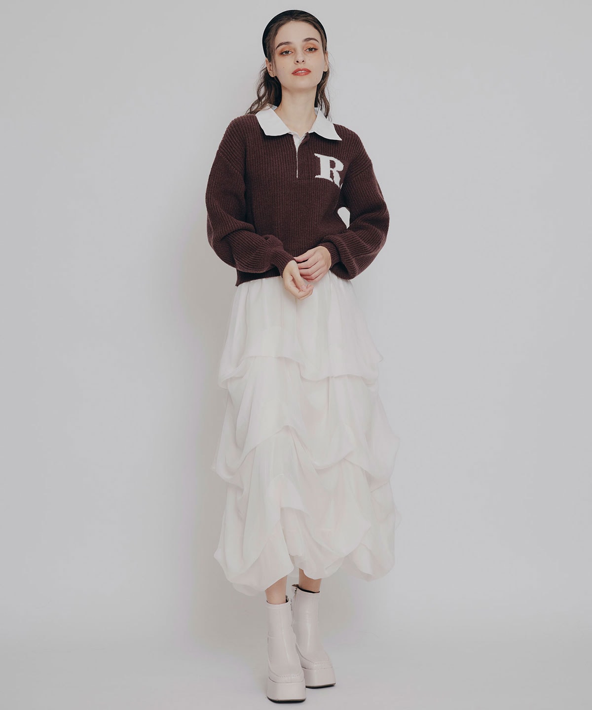 タックバルーンボリュームシフォンロングスカート