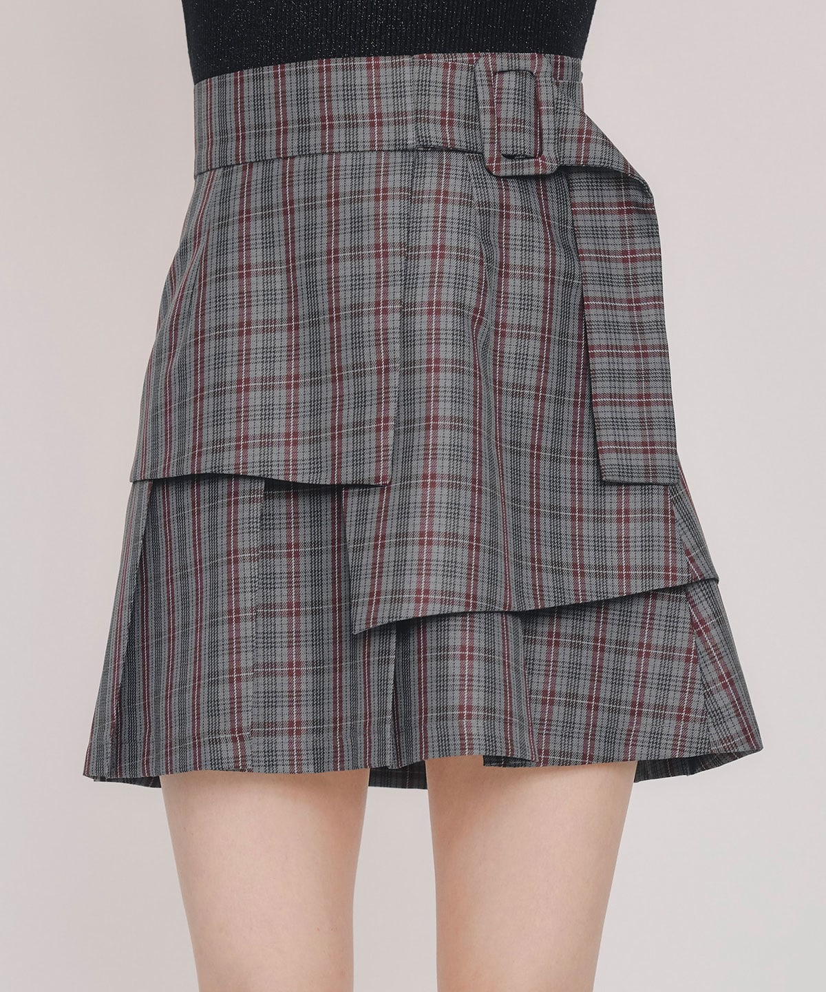 レイヤードライクチェックプリーツミニスカート
