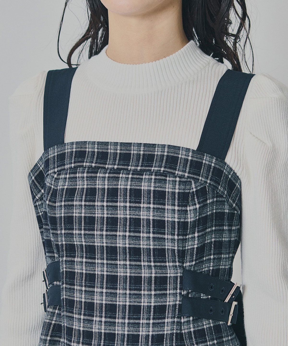 チェックショートジャケット×Wベルトワンピースセットアップ