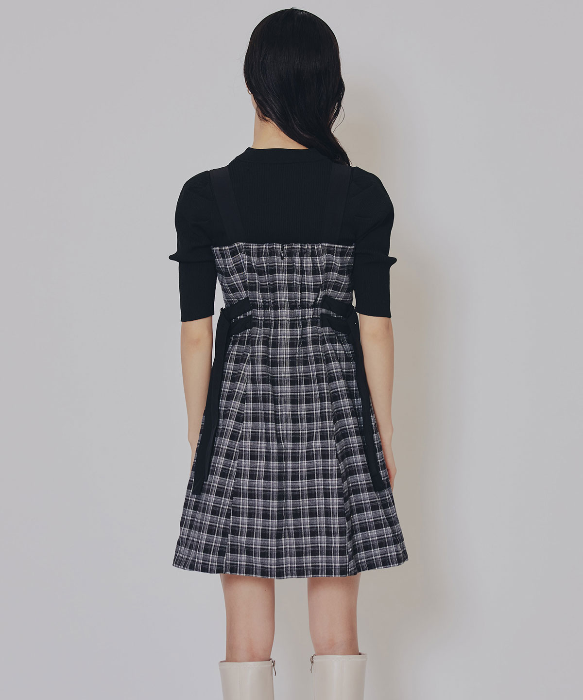 チェックショートジャケット×Wベルトワンピースセットアップ
