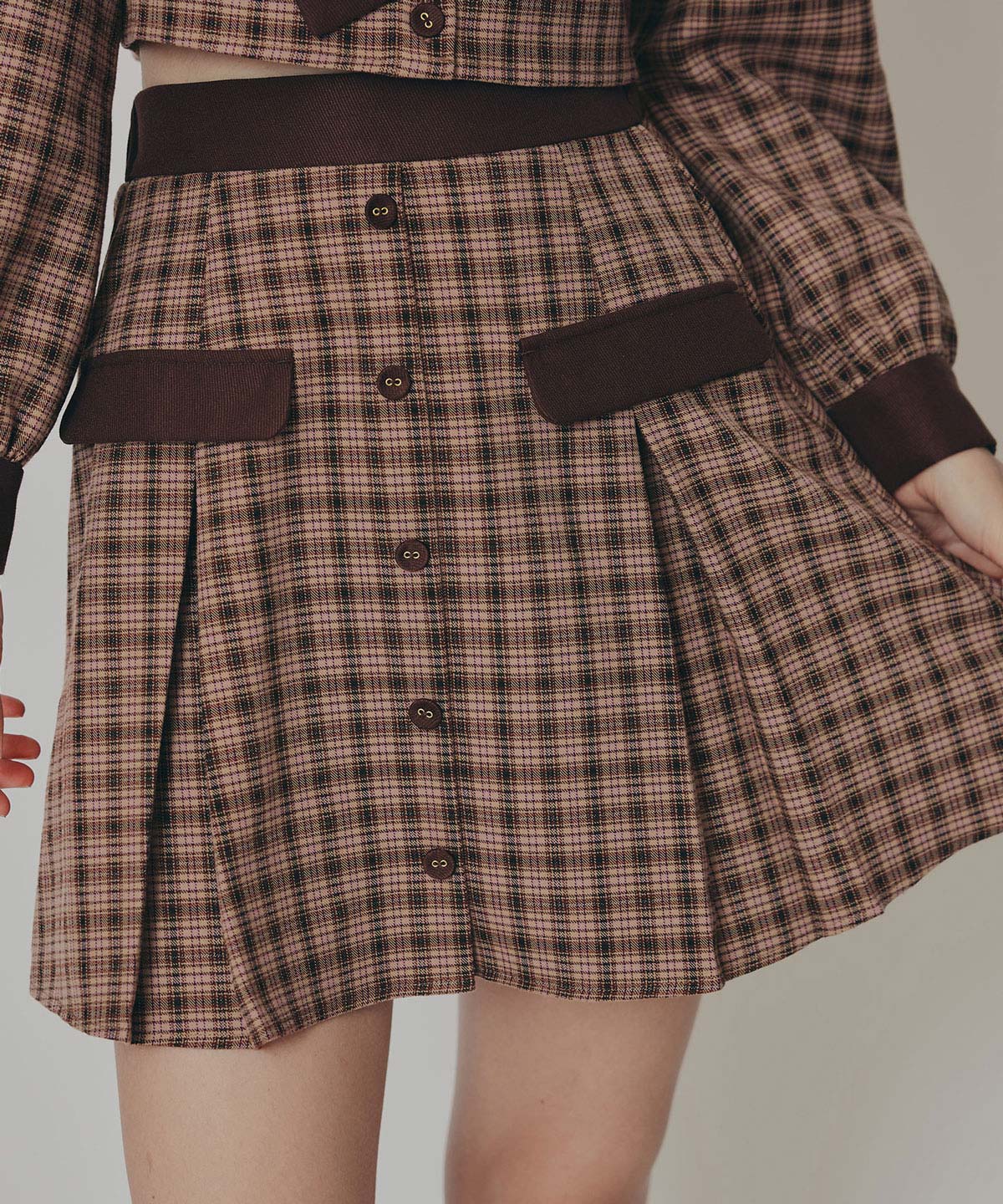 バイカラークラシックチェックブラウス×ミニスカートセットアップ