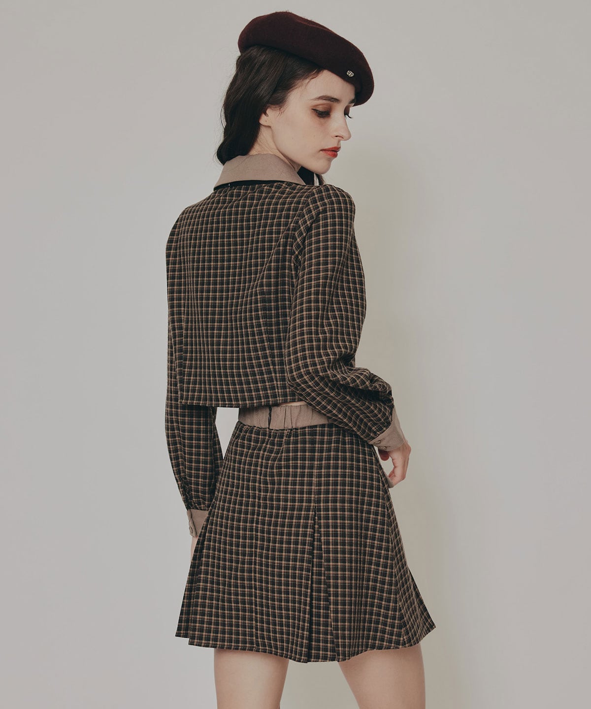 バイカラークラシックチェックブラウス×ミニスカートセットアップ