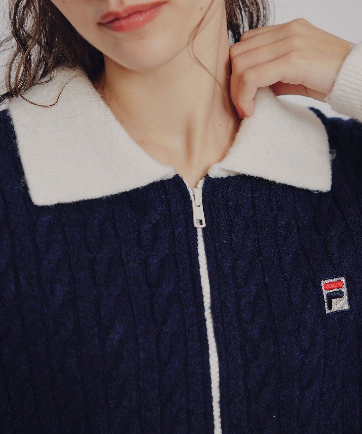 ［FILA×REDYAZEL］ケーブルニットトリコロールラインジャケット×タイトミニスカートセットアップ