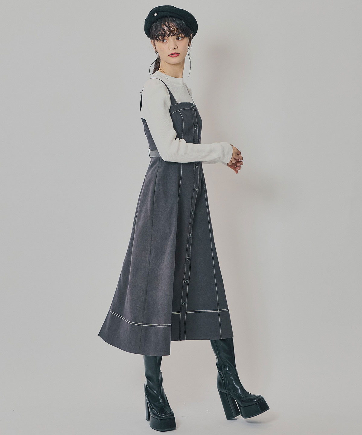 スエードライクショートジャケット×バイカラーワンピースセットアップ