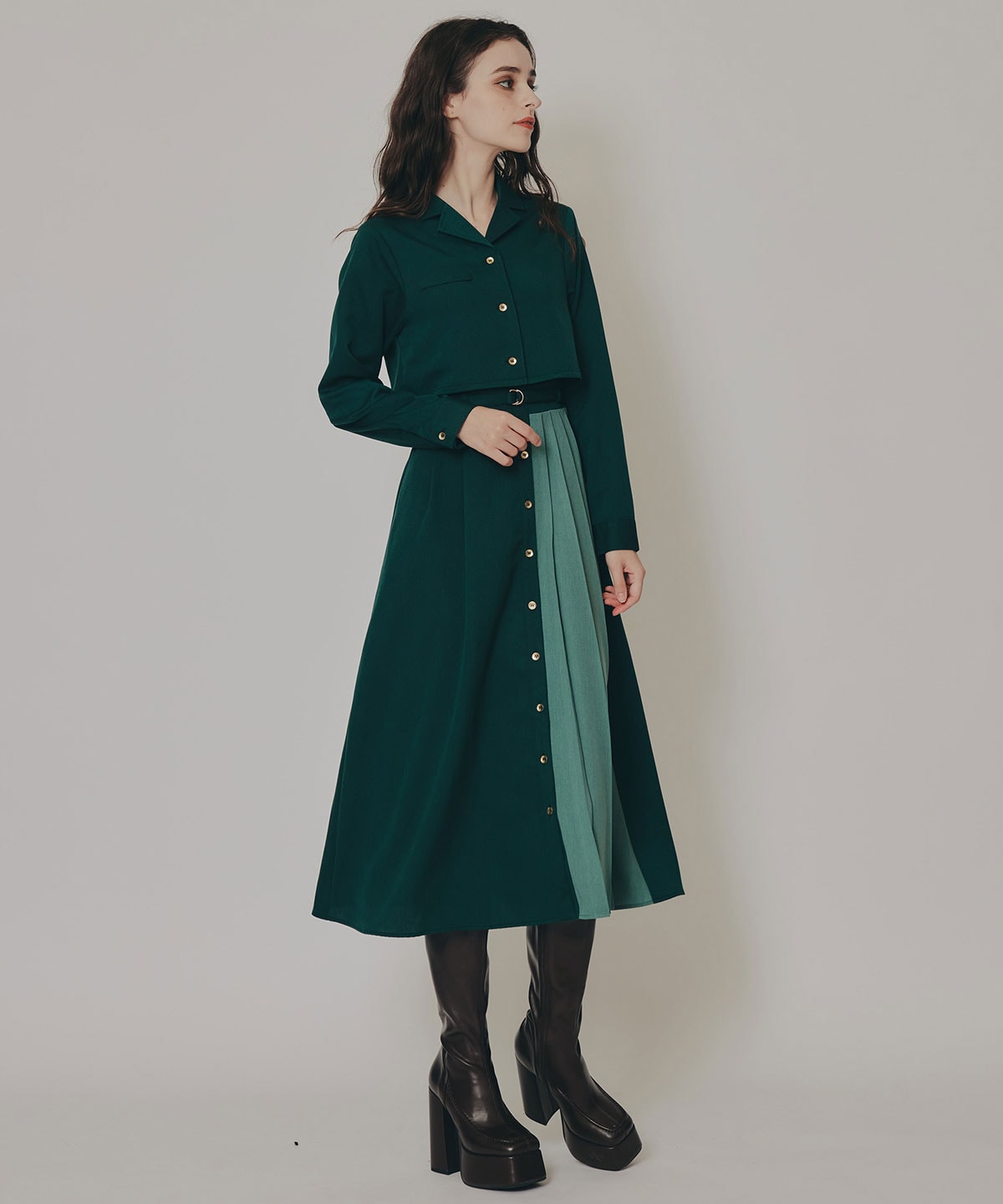 バイカラーアシメプリーツロングスリーブシャツワンピース