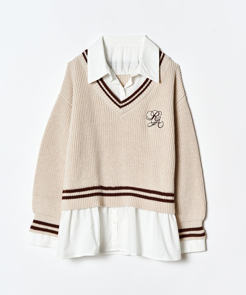 レイヤードシャツドッキングニットプルオーバー