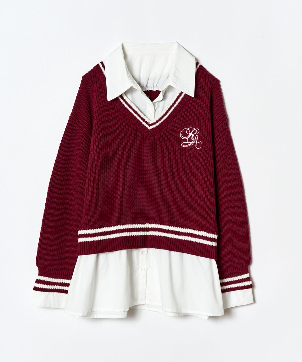 レイヤードシャツドッキングニットプルオーバー