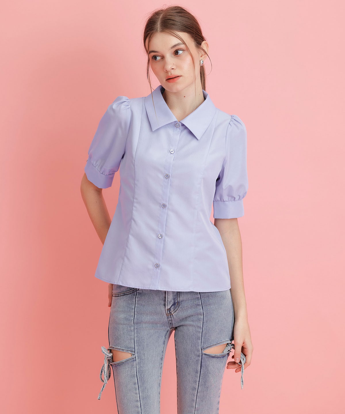 ロゴリボンパフスリーブブラウス