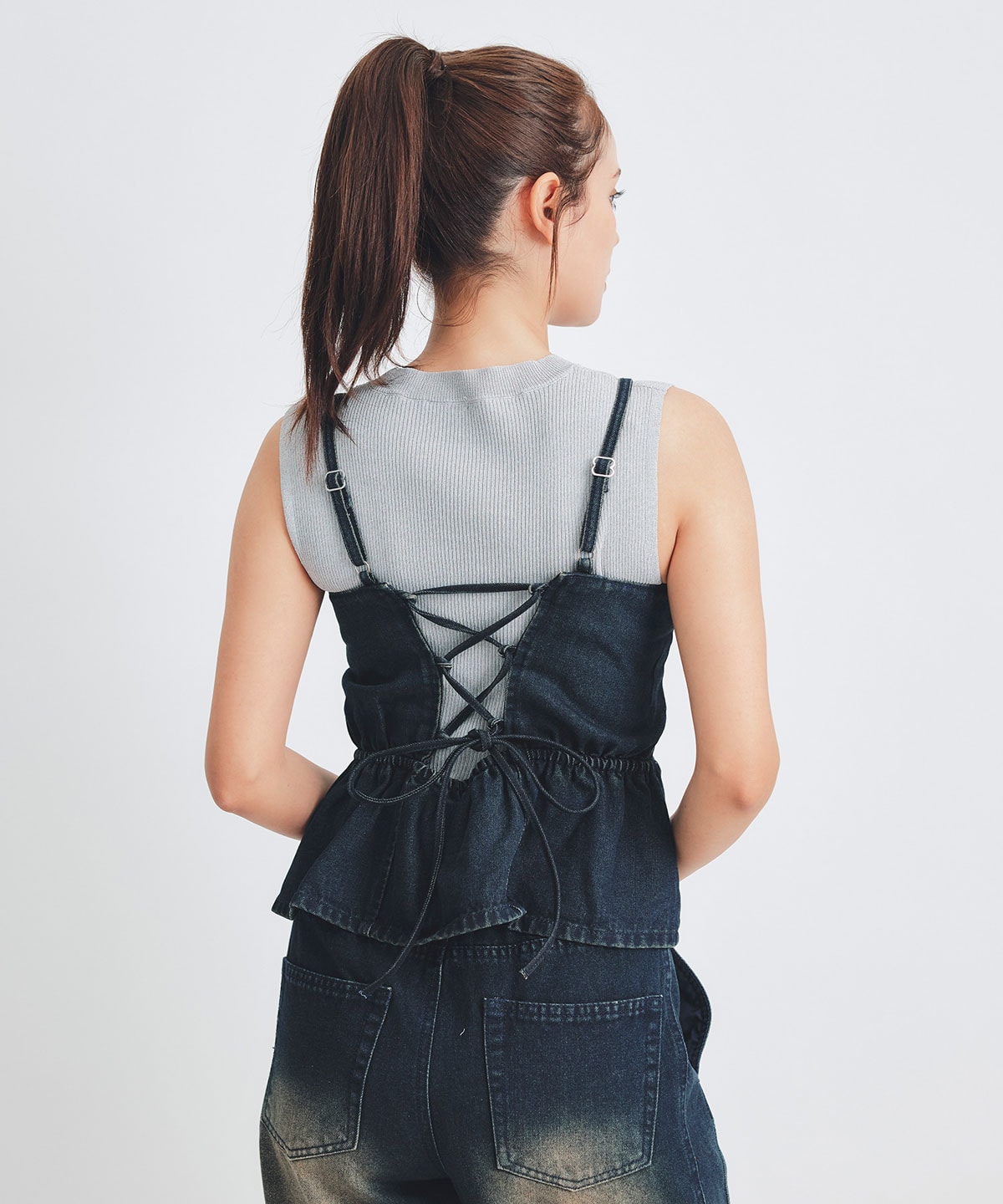 【Vintage Denim Series】ヴィンテージウォッシュバックレースアップデニムビスチェ