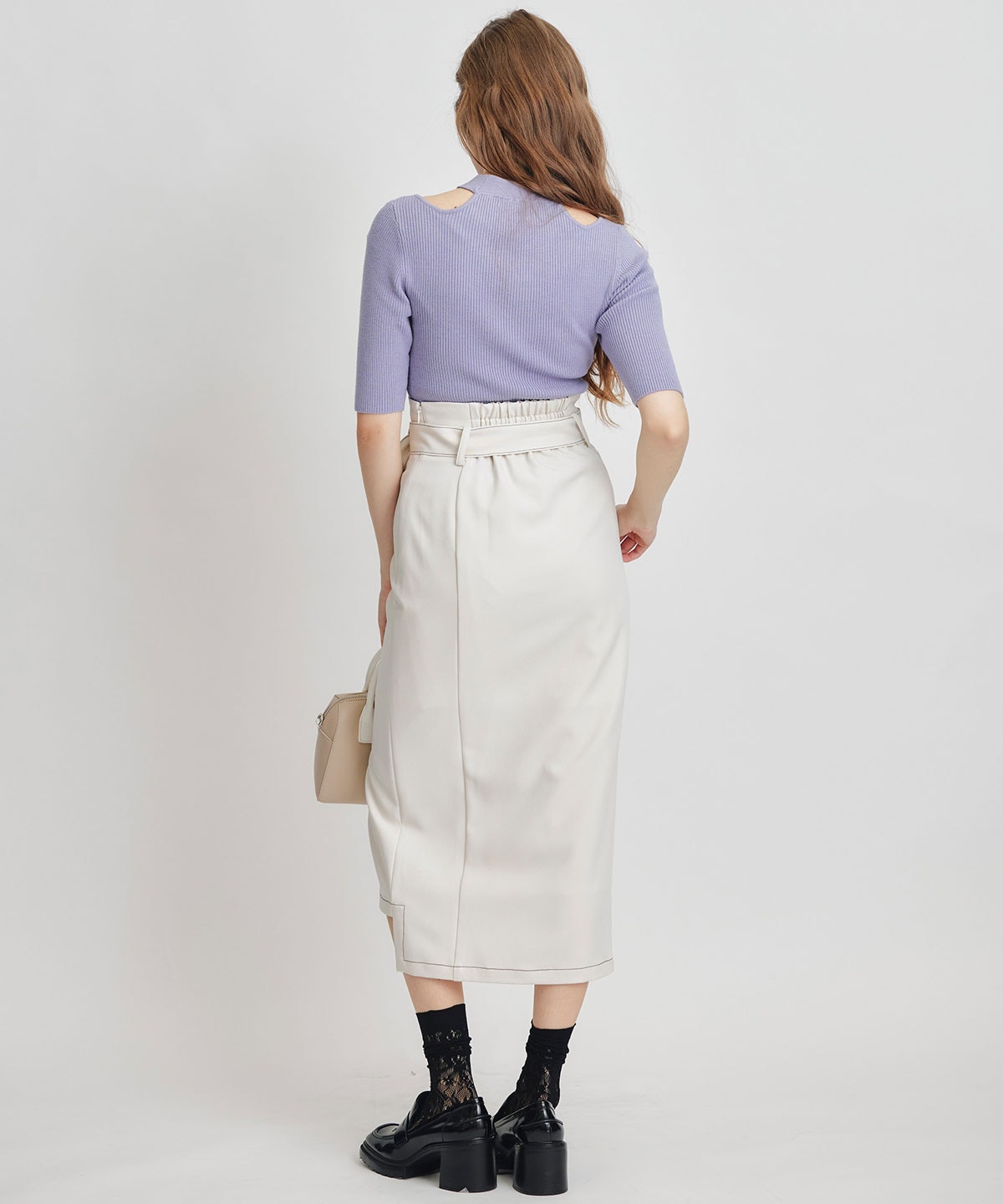 バイカラーステッチカッティングハイウエストタイトロングスカート