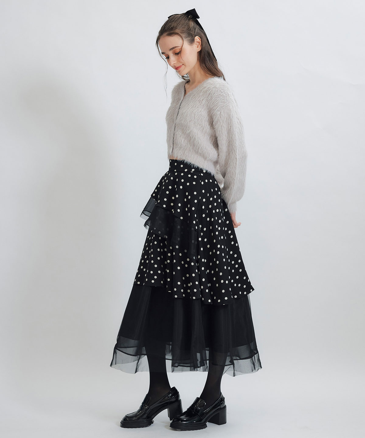 ドットチュールティアードロングスカート