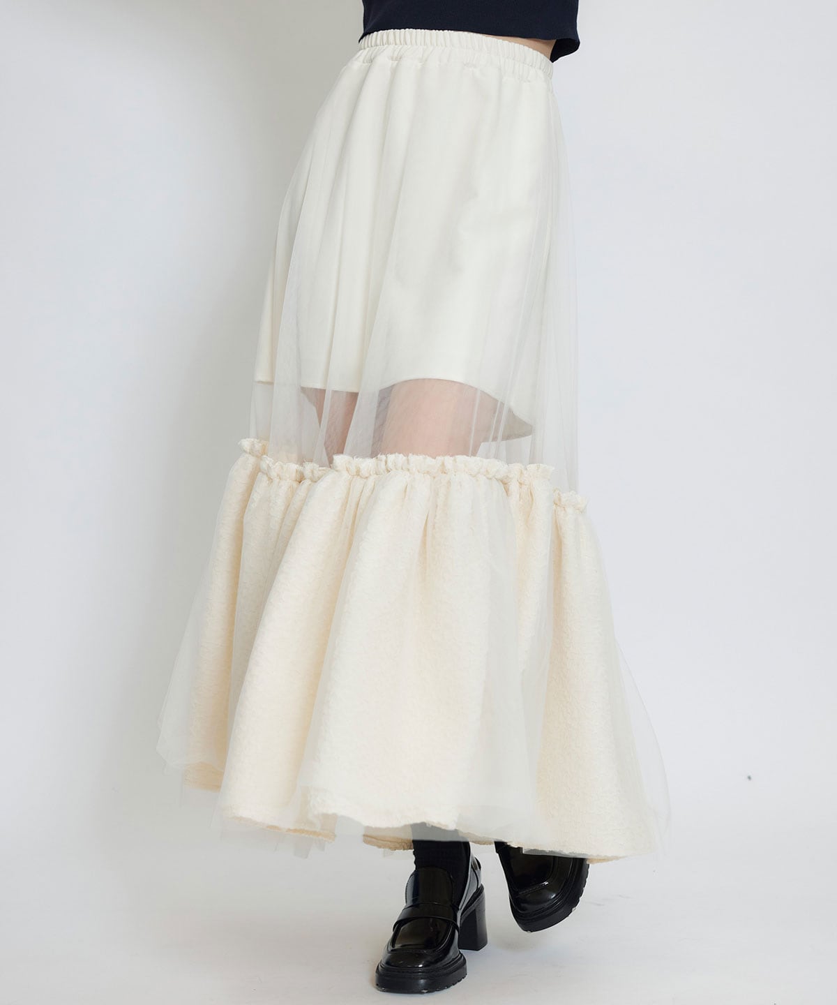 ボリュームシアーチュールフレアロングスカート