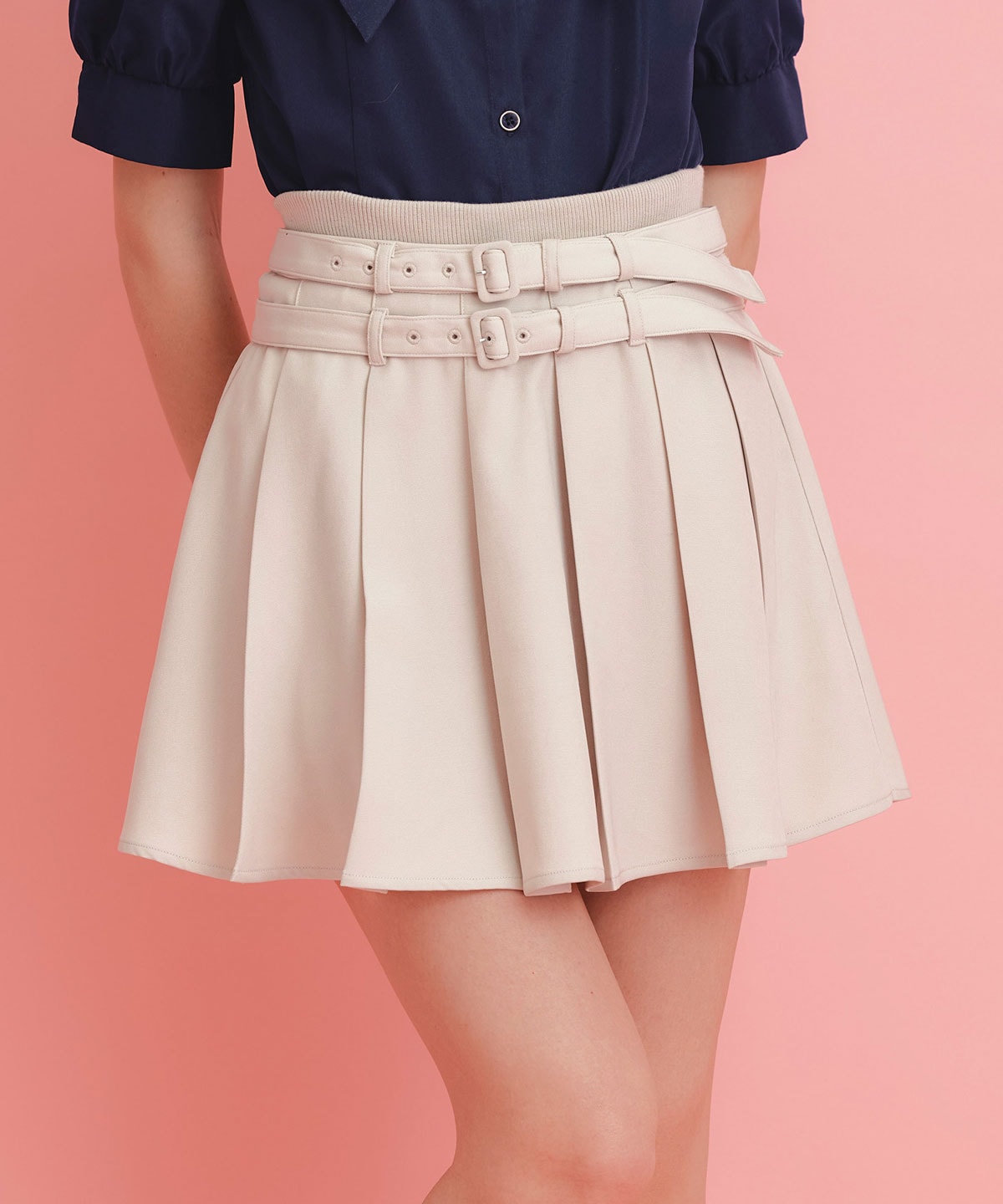 ウエストリブダブルベルトプリーツミニスカート