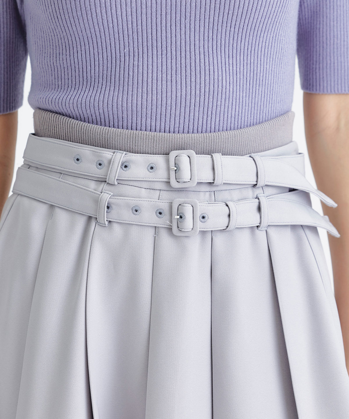 ウエストリブダブルベルトプリーツミニスカート
