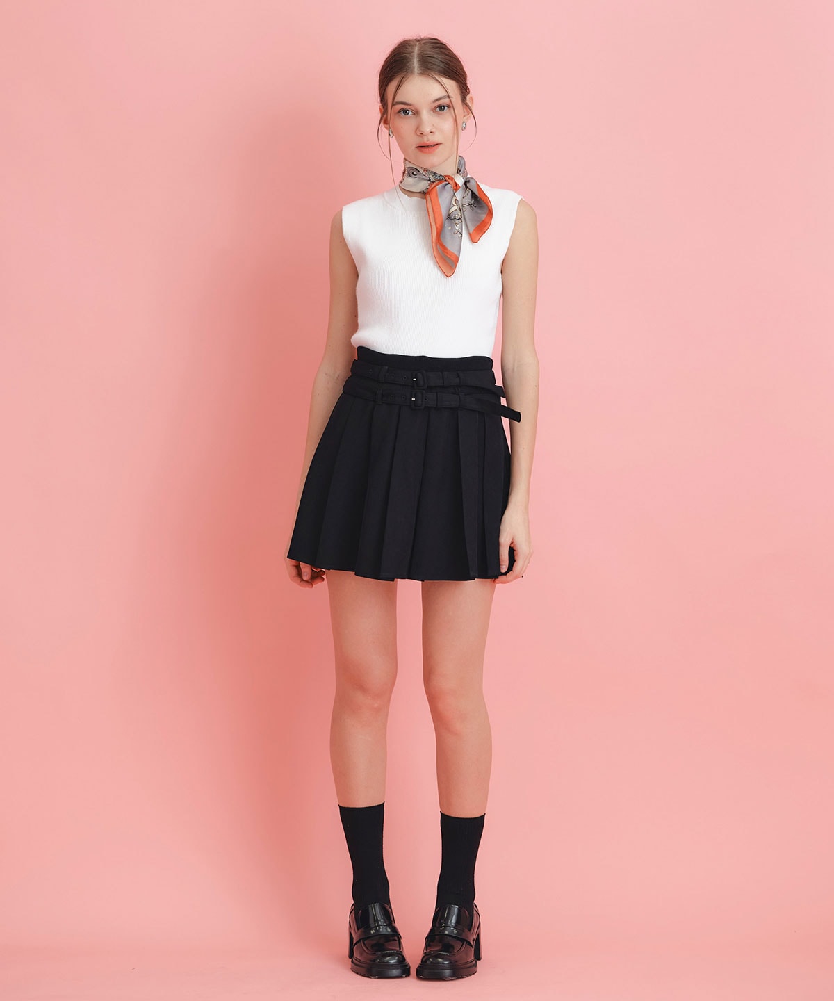 ウエストリブダブルベルトプリーツミニスカート