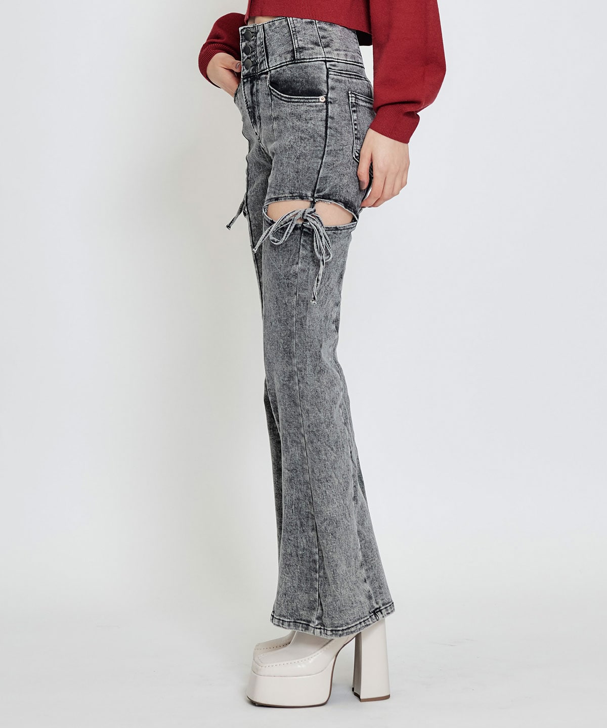 カットアウトリボンストレッチデニム