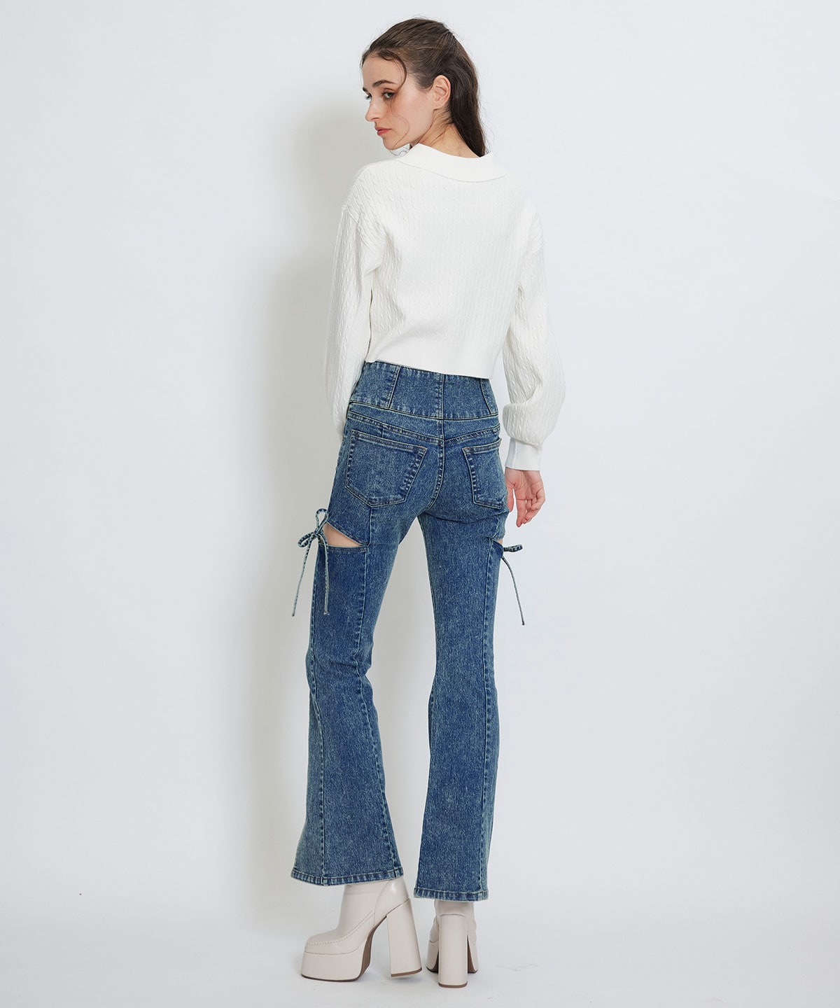 カットアウトリボンストレッチデニム