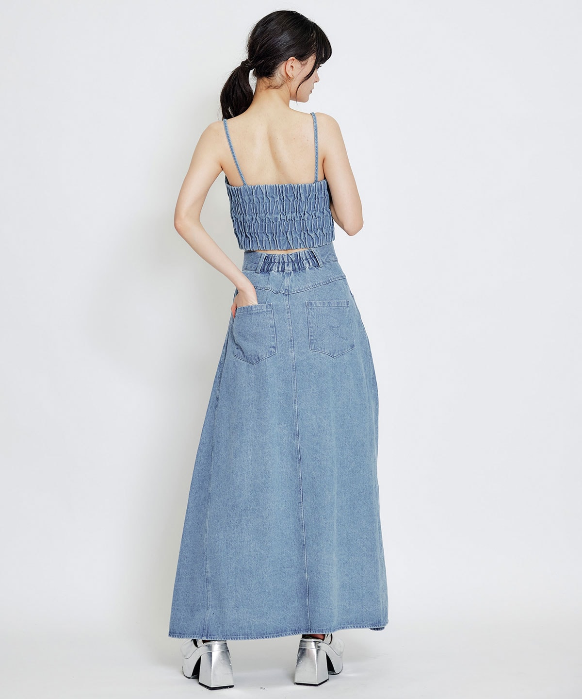 【Chemical Wash Series】ケミカルウォッシュデニムショートビスチェ×ZIPフレアロングスカート