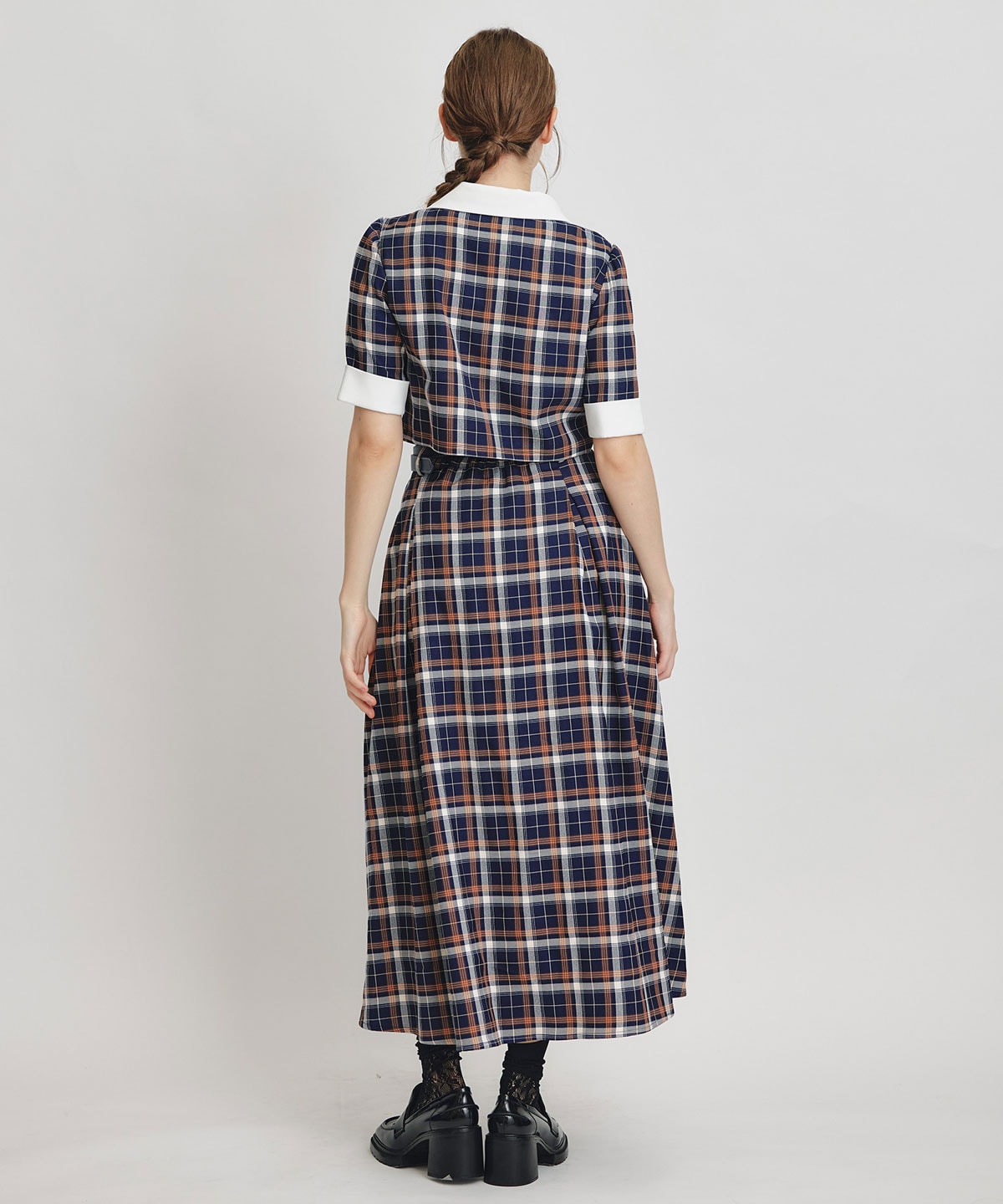 バイカラーチェックブラウス×フレアロングスカートセットアップ