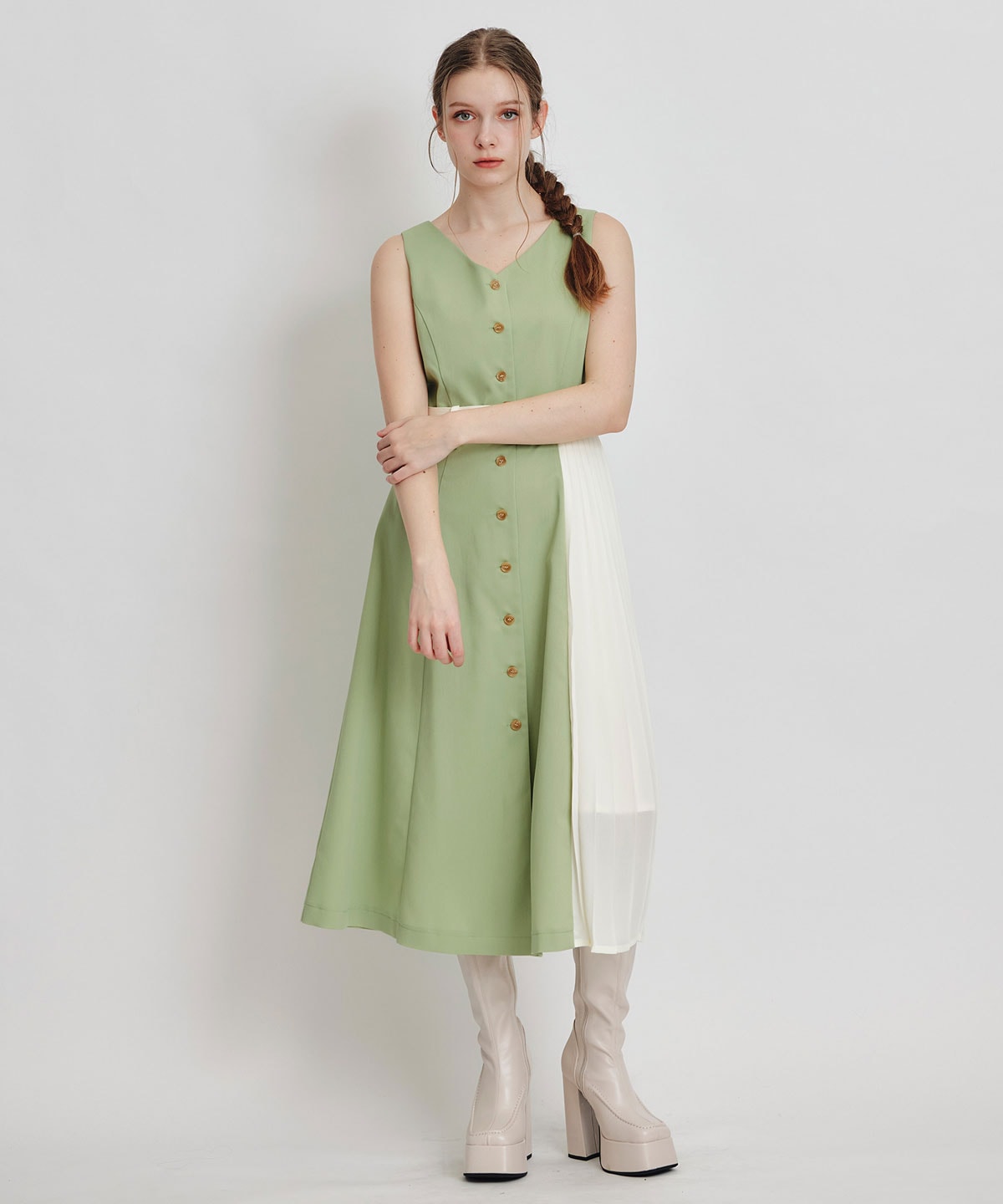 トレンチディティールショートシャツジャケット×バイカラープリーツフレアロングワンピースセットアップ