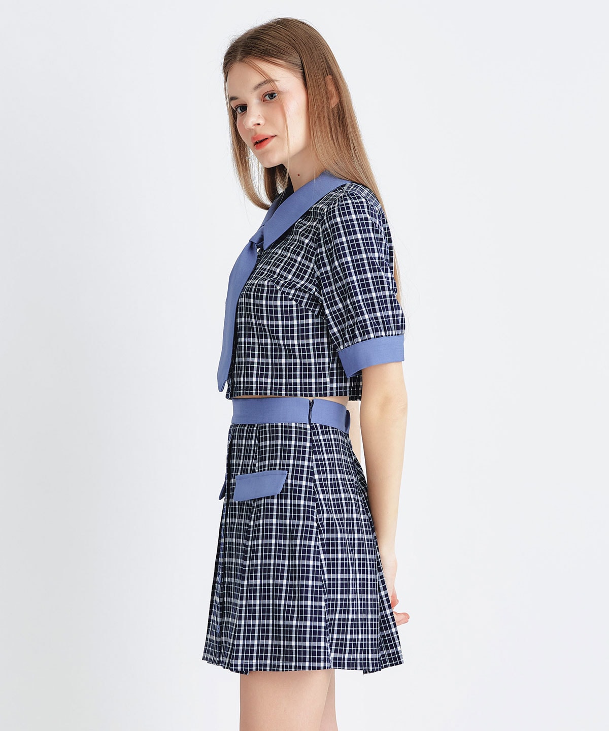プレッピーネクタイチェックブラウス×プリーツミニスカートセットアップ