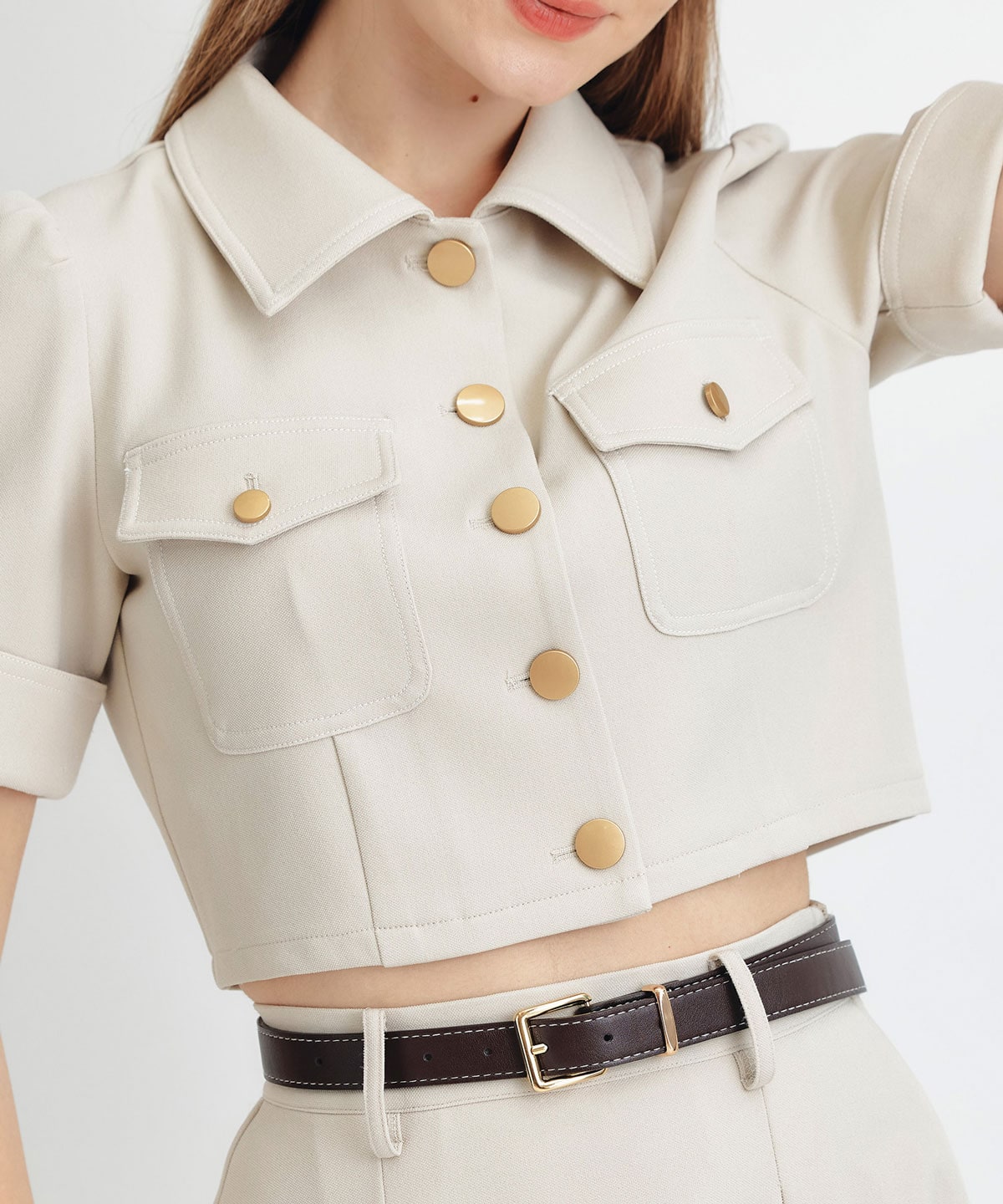 ショートジャケット×フレアロングスカートセットアップ