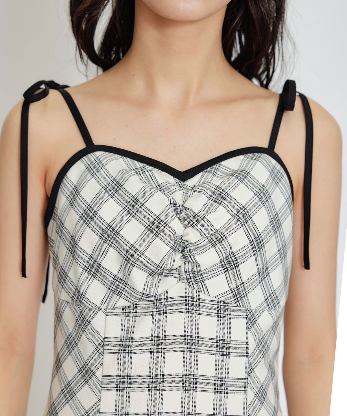 パイピングリボンキャミソールチェックフレアロングワンピース