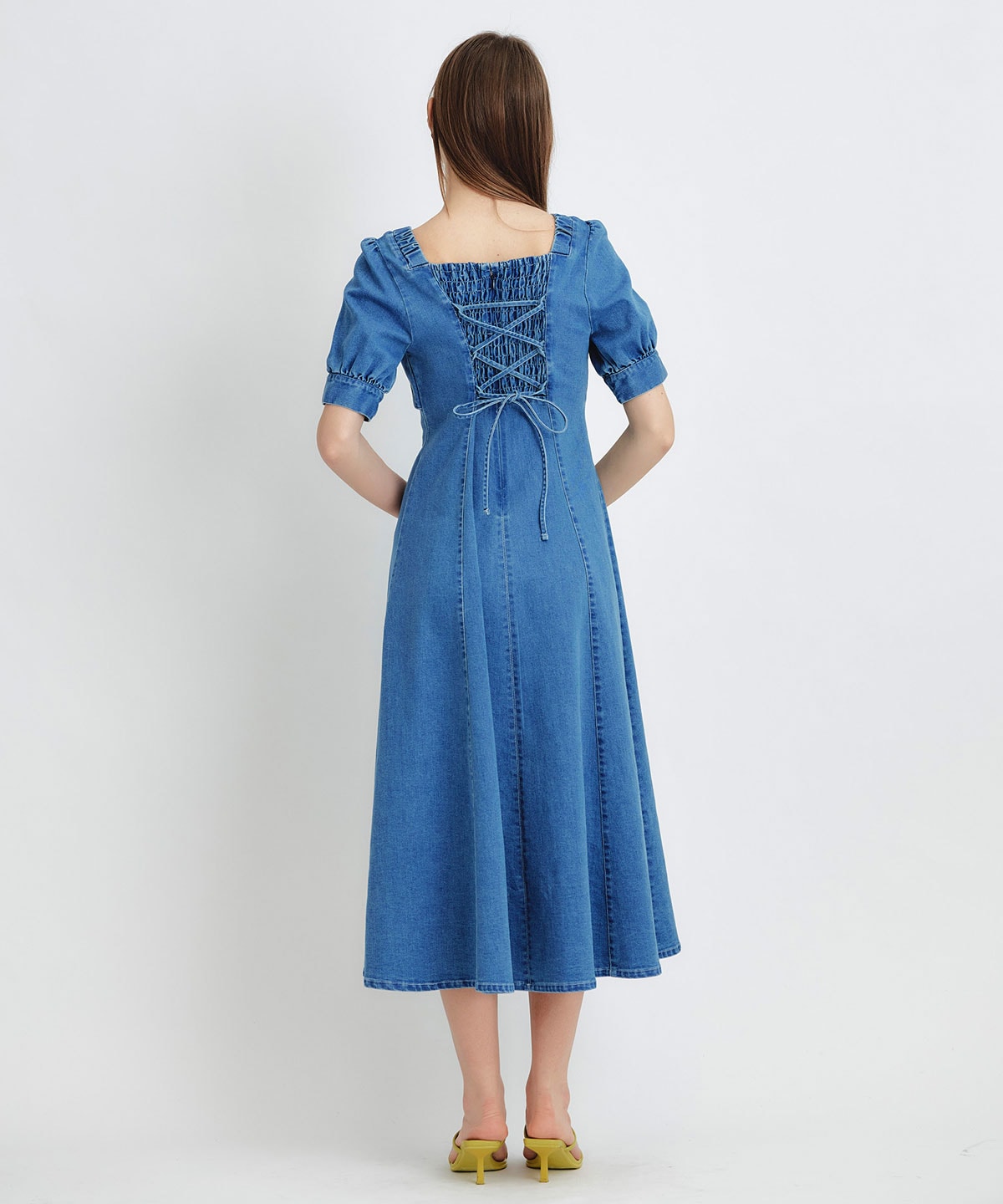 デコルテベルトデニムフレアロングワンピース