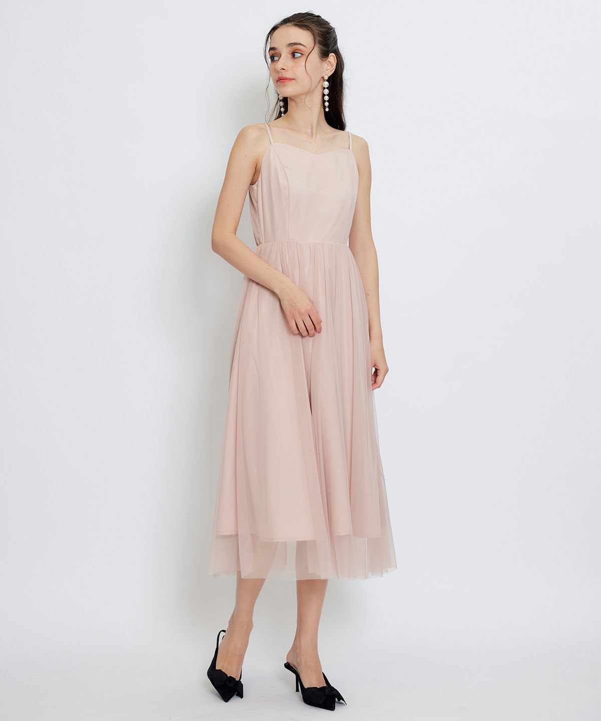 チュールレースティアードトップス×キャミソールフレアロングドレス