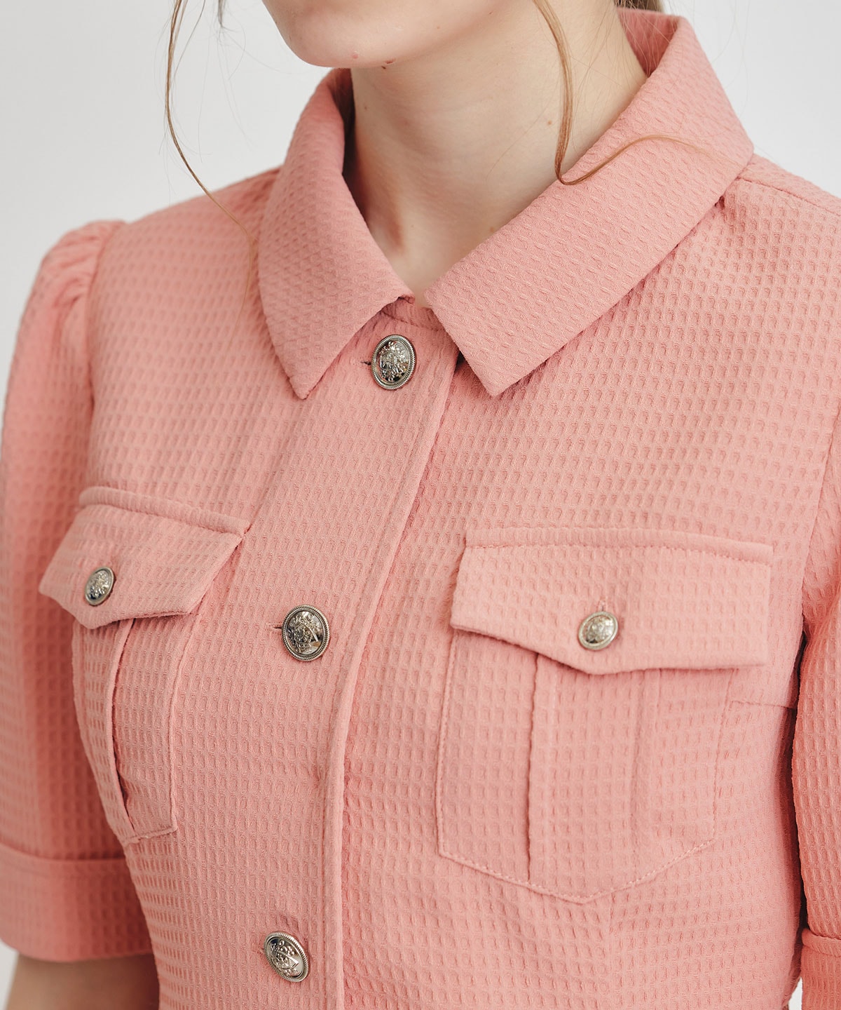 エンブレムボタンワッフルミニシャツワンピース