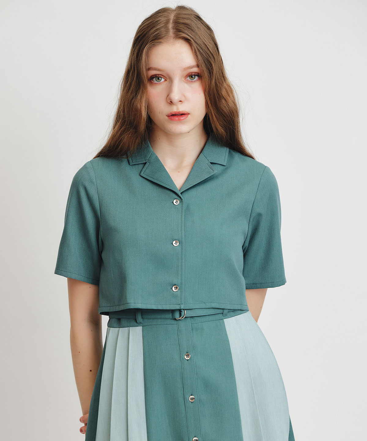 レイヤードサイドプリーツバイカラーロングワンピース