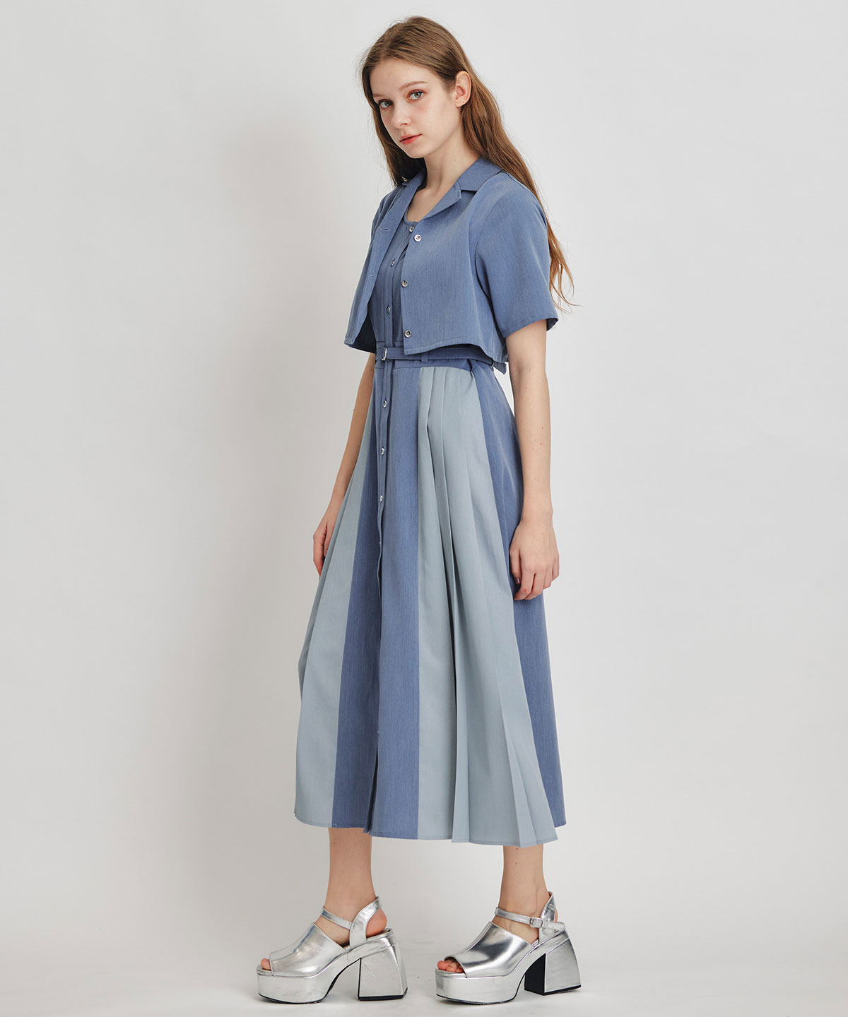 レイヤードサイドプリーツバイカラーロングワンピース