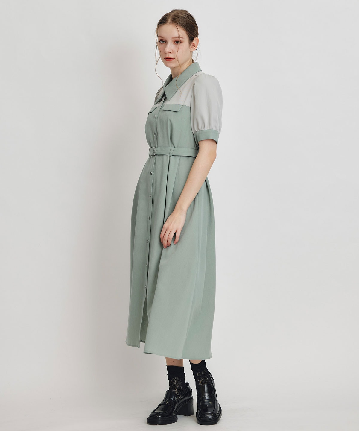 コントラストカラーシャツフレアロングワンピース