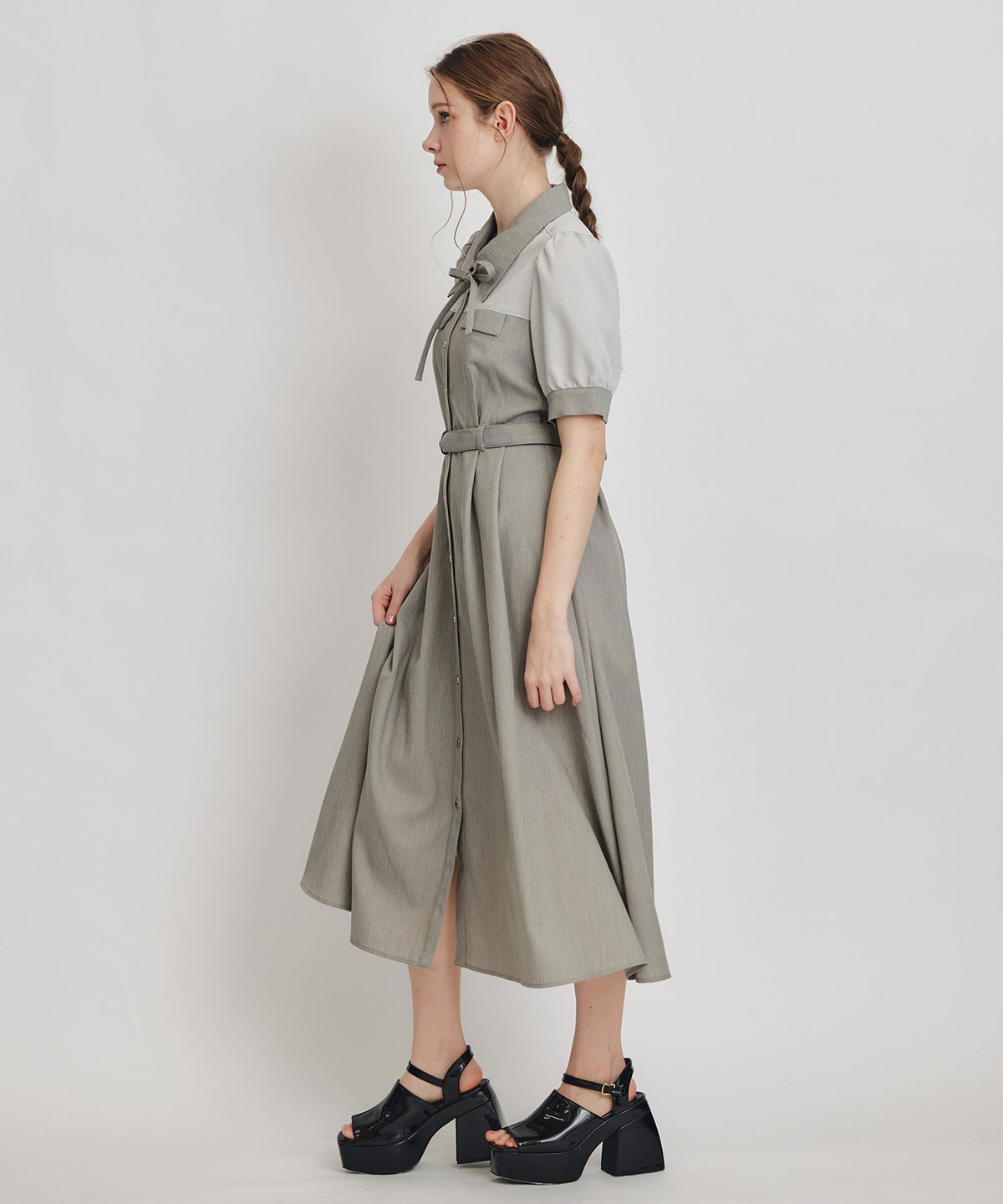 コントラストカラーシャツフレアロングワンピース