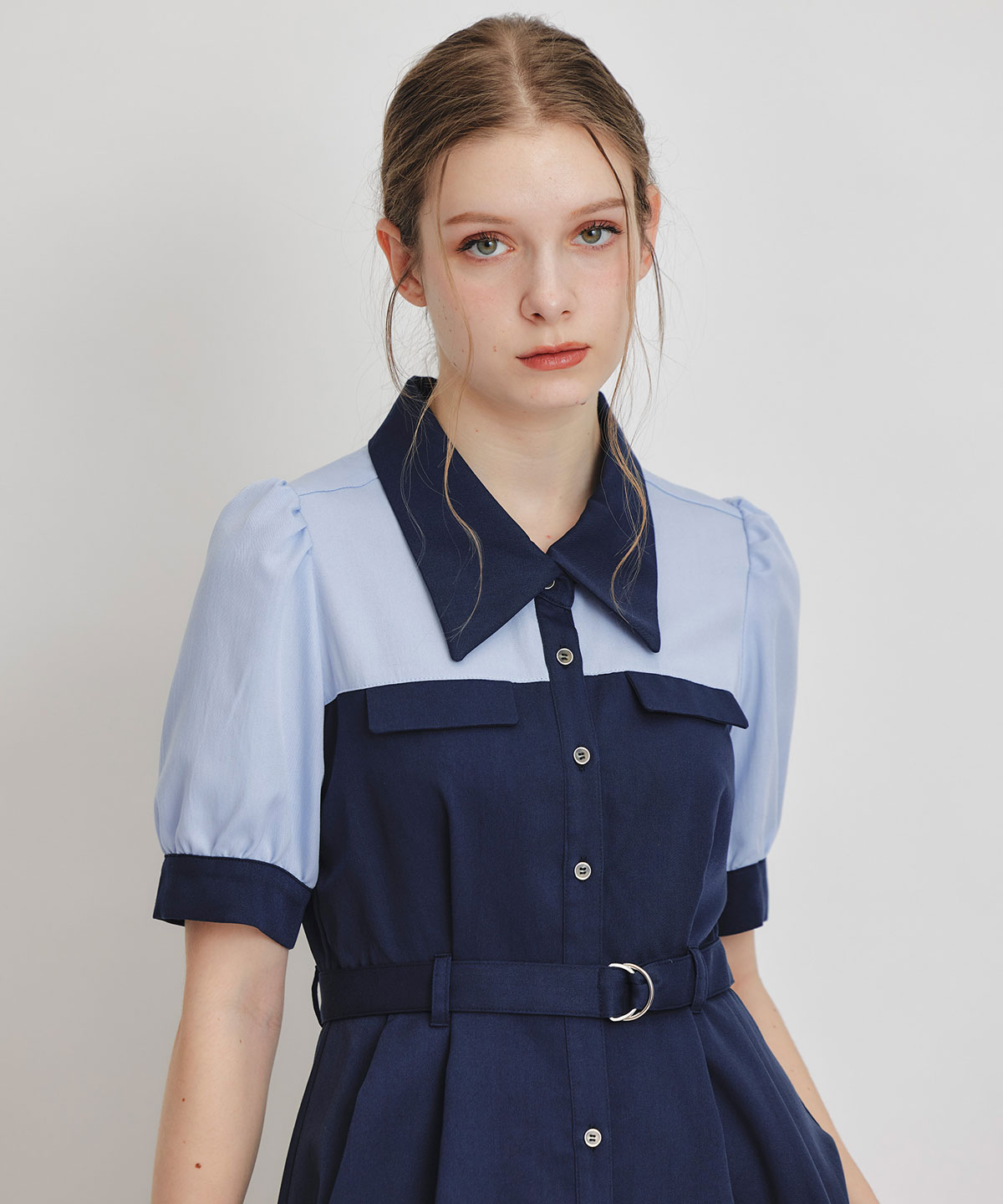 コントラストカラーシャツフレアロングワンピース