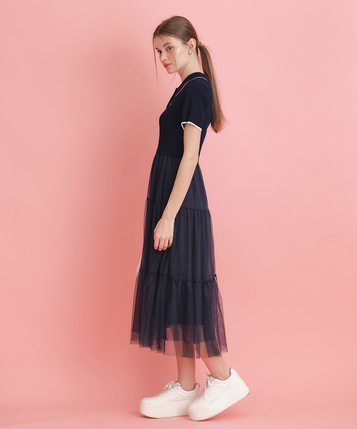 ポロニットチュールティアードドッキングロングワンピース