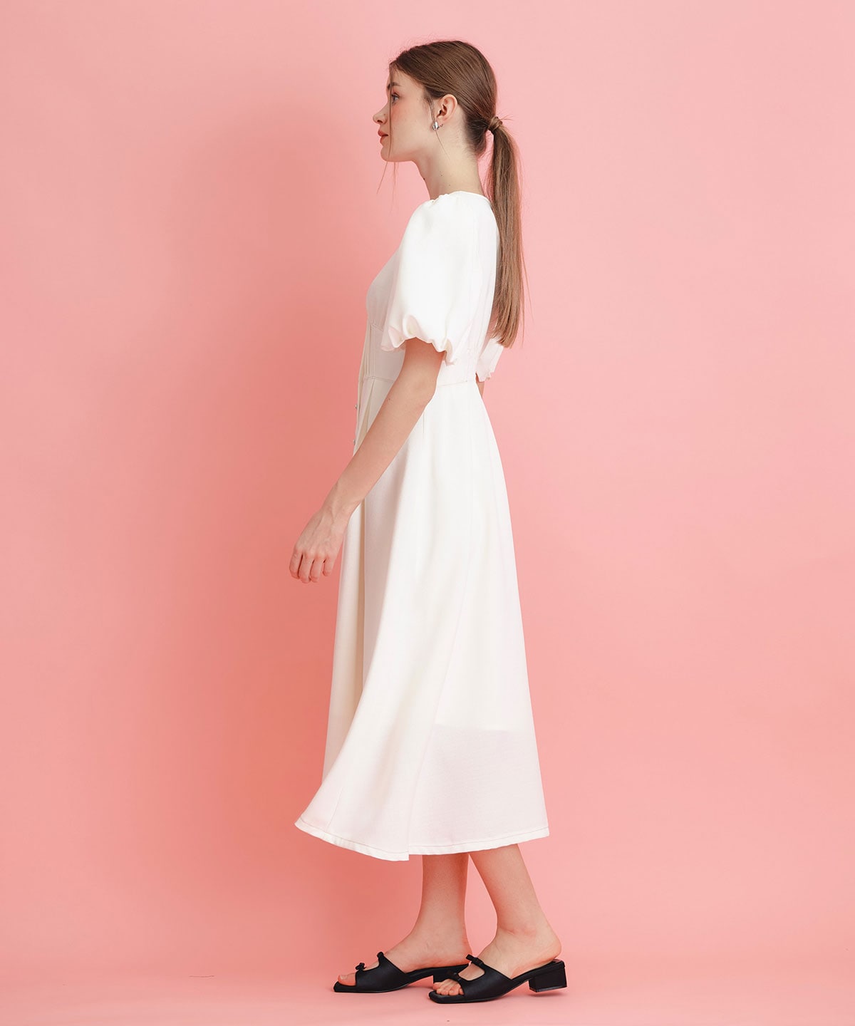 コルセットバルーンスリーブフレアロングワンピース