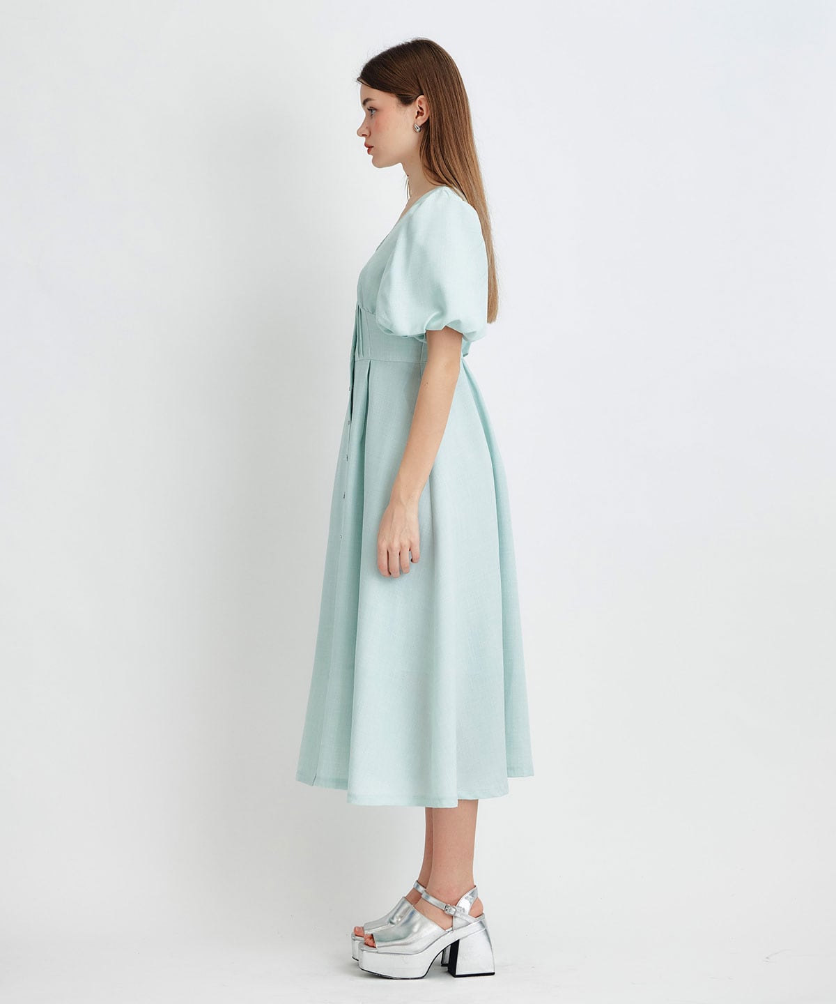 コルセットバルーンスリーブフレアロングワンピース