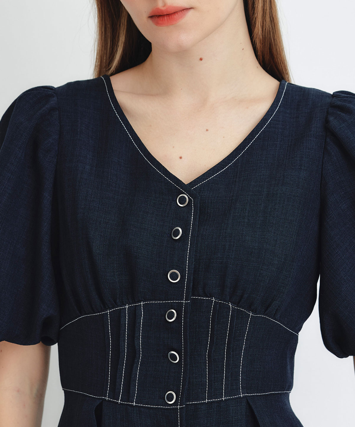 コルセットバルーンスリーブフレアロングワンピース