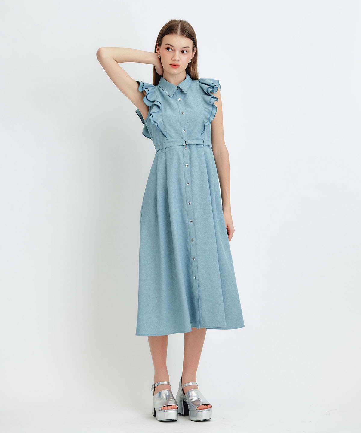 フリルシャツフレアロングワンピース