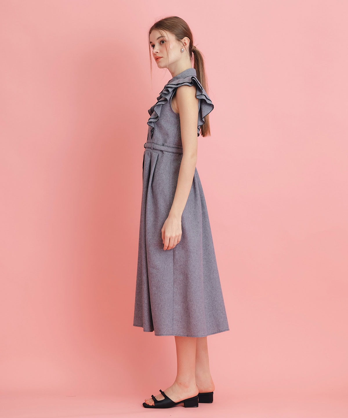 フリルシャツフレアロングワンピース