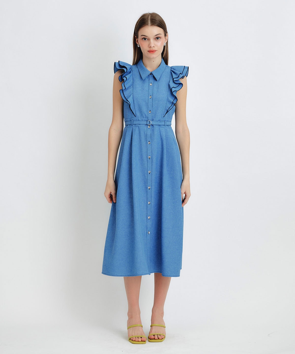 フリルシャツフレアロングワンピース